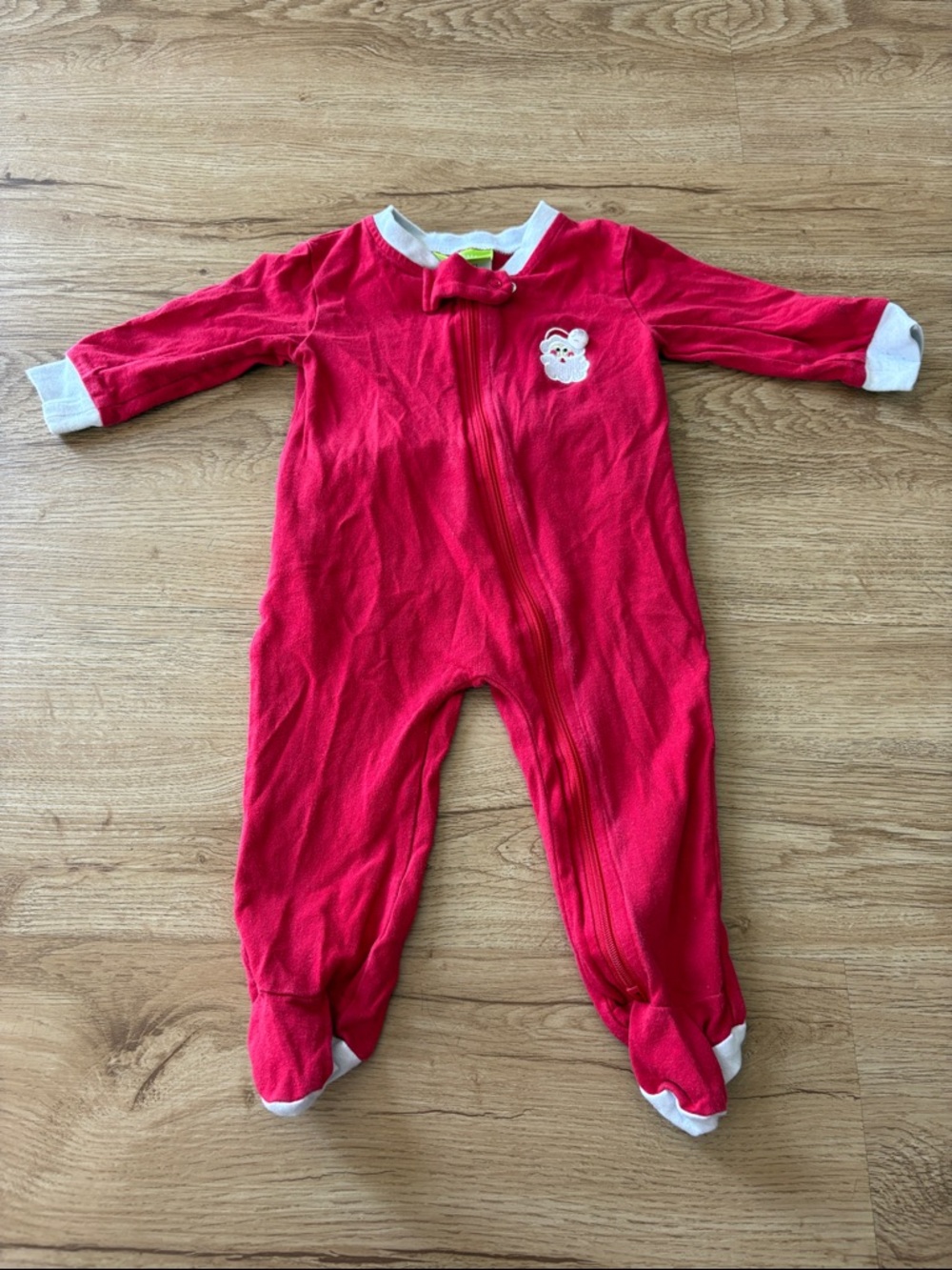 Red Holiday Footed One-Piece with Santa Patch and Flap on Bottom